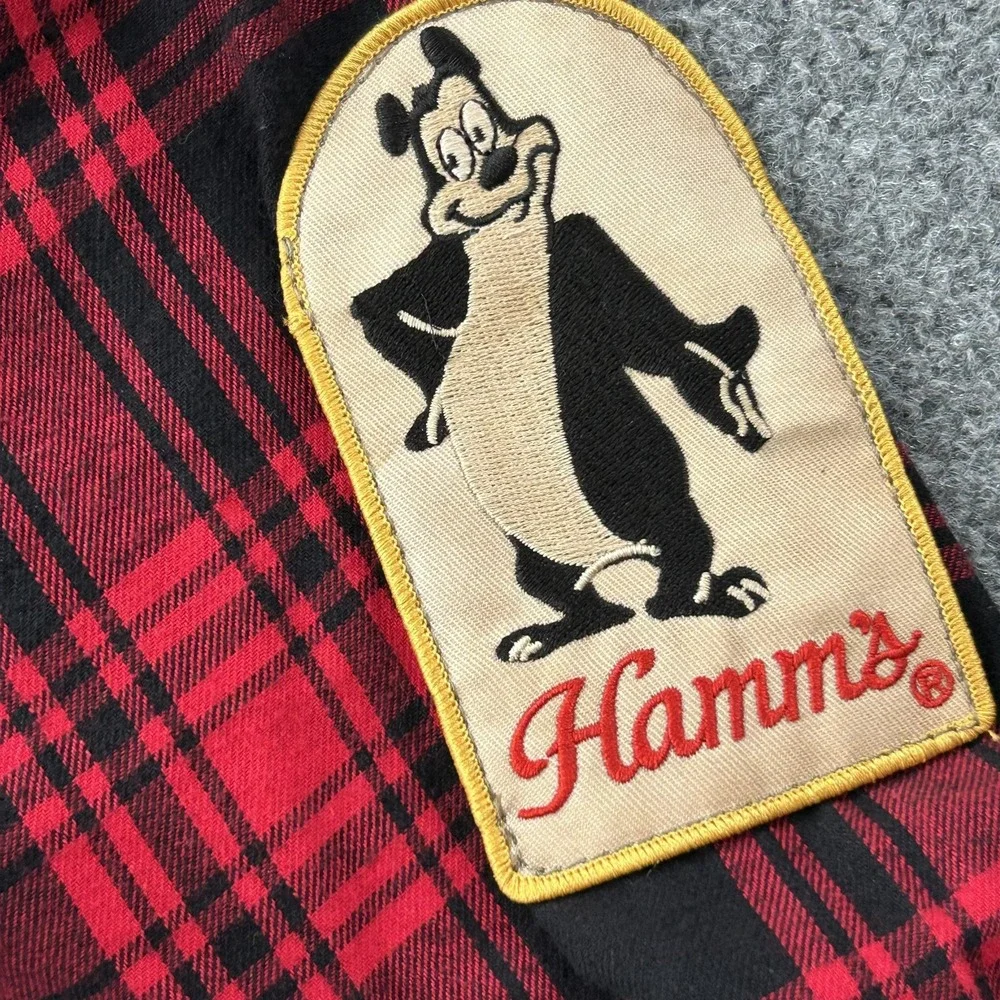Hamms Beer Flannel Shirt Mens 2XL Red Plaid Angry Minnow VTG‎ Canvas Old Tag - Picture 3 of 12